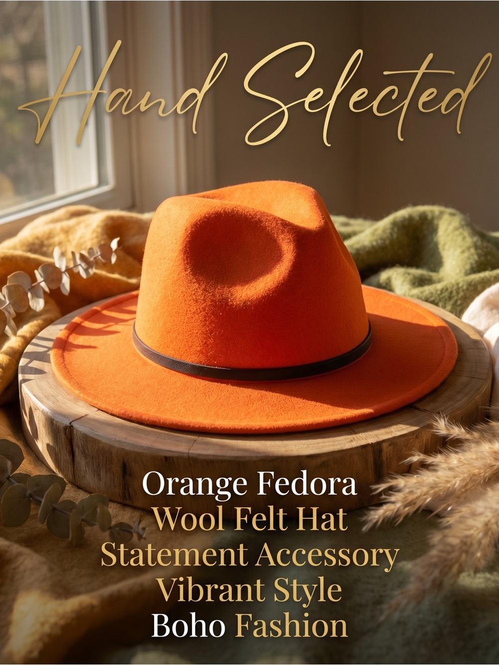 Vibrant Orange Wool Felt Fedora with Thin Black Band